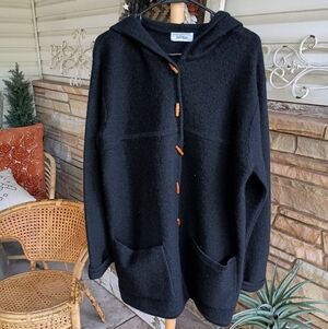 Lord & Taylor Black Hooded 100% Wool Sweater/Jacket with Wooden Buttons_Large